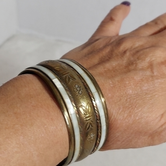 Vintage Brass and Mother of Pearl Bangle Bracelet Etched with decorative accents - Picture 1 of 10